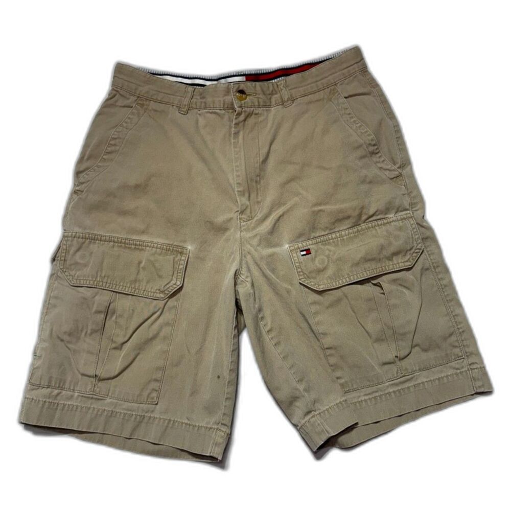 Vintage 90s Tommy Hilfiger Cargo Shorts Khaki Tan Waistband Trim Sz30